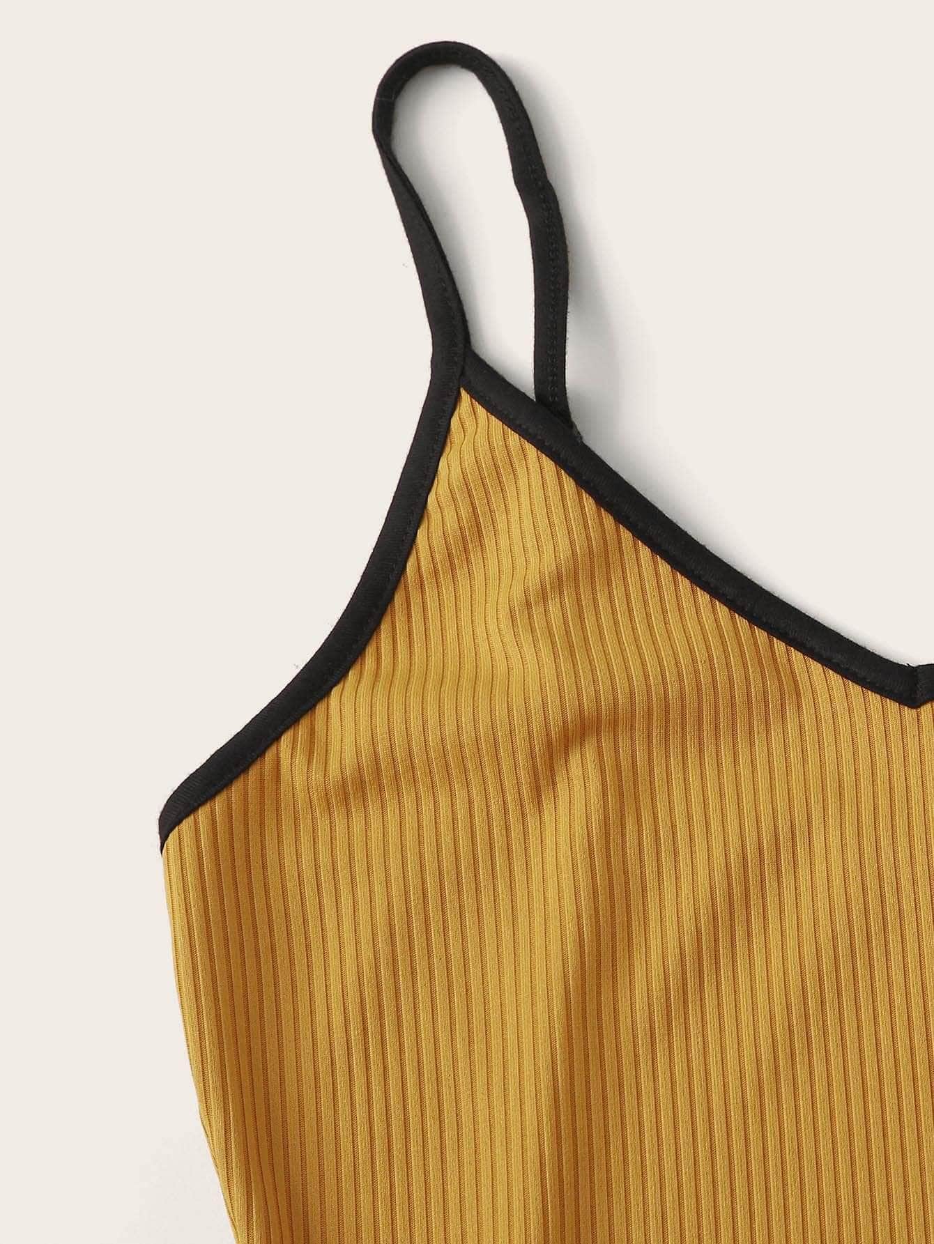 Amarillo / XL Body de tirante tejido de canalé unido en contraste