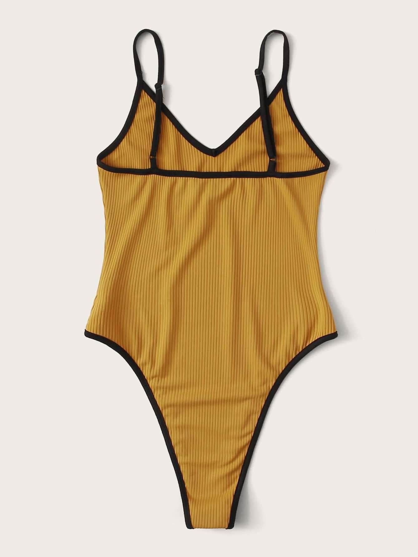 Amarillo / S Body de tirante tejido de canalé unido en contraste