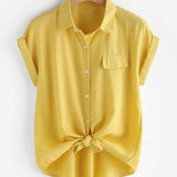 Mostaza Amarilla / S Camisa con botón delantero de manga de doblez