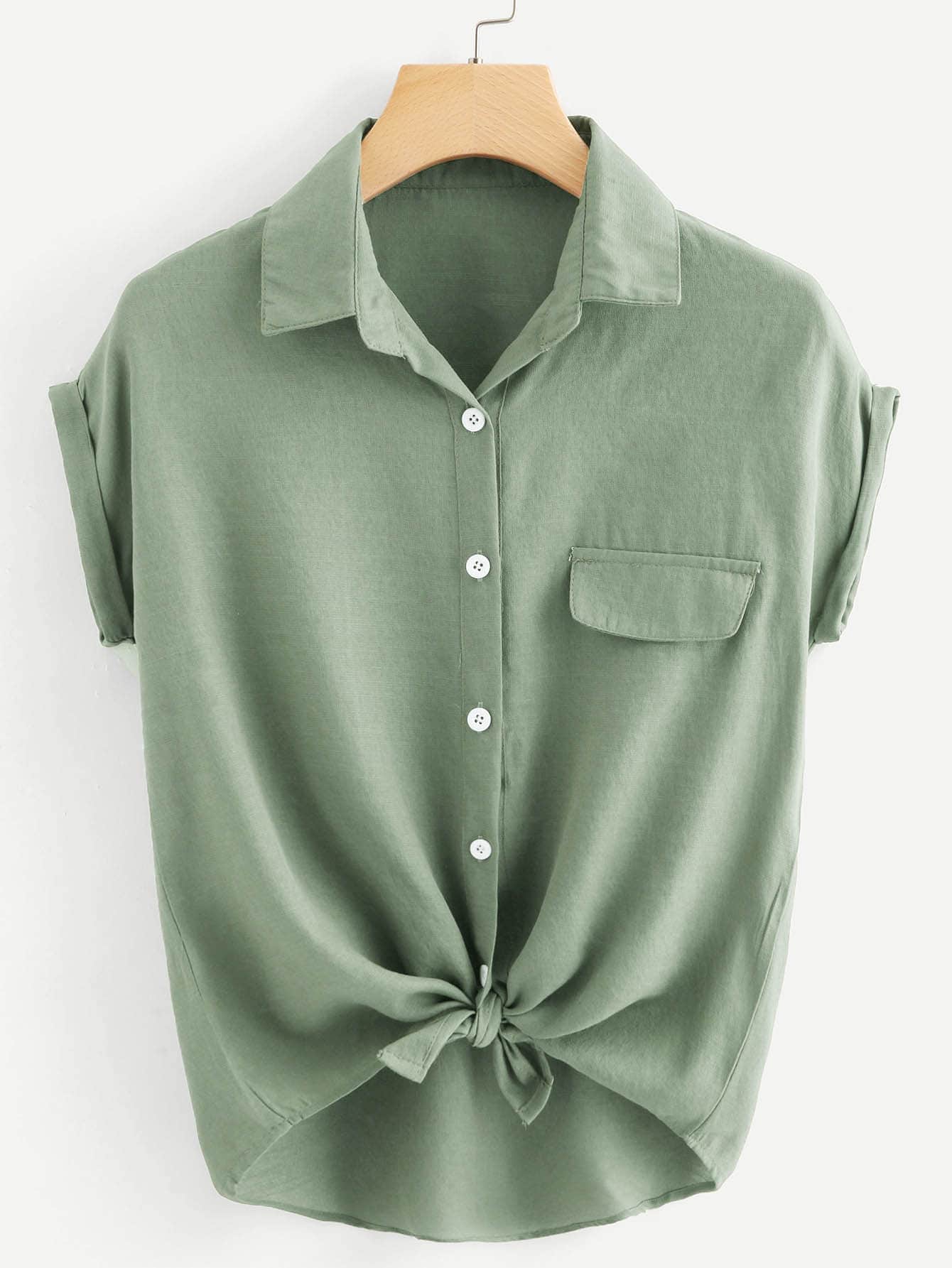 verde menta / S Camisa con botón delantero de manga de doblez