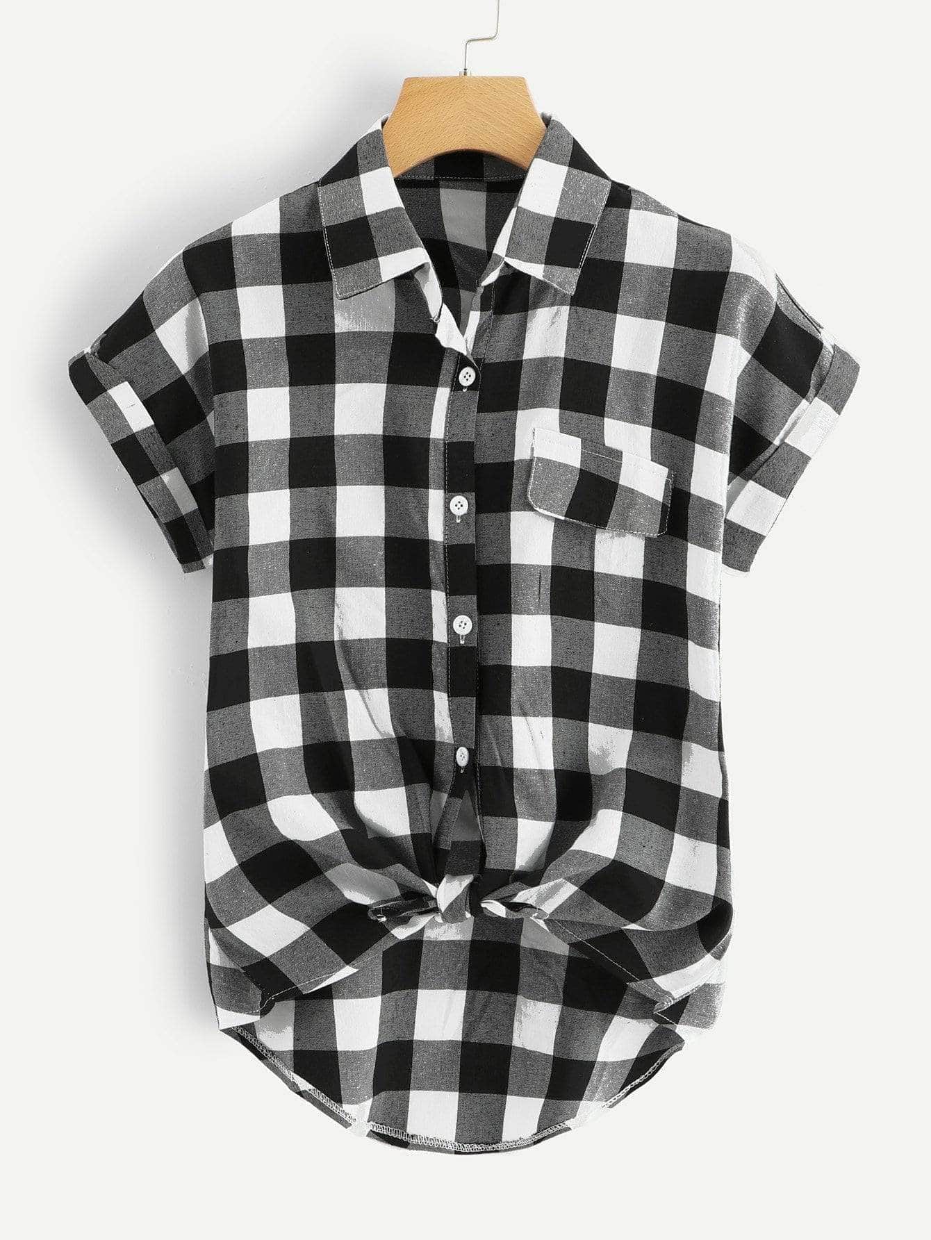 Blanco y Negro / M Camisa con botón delantero de manga de doblez