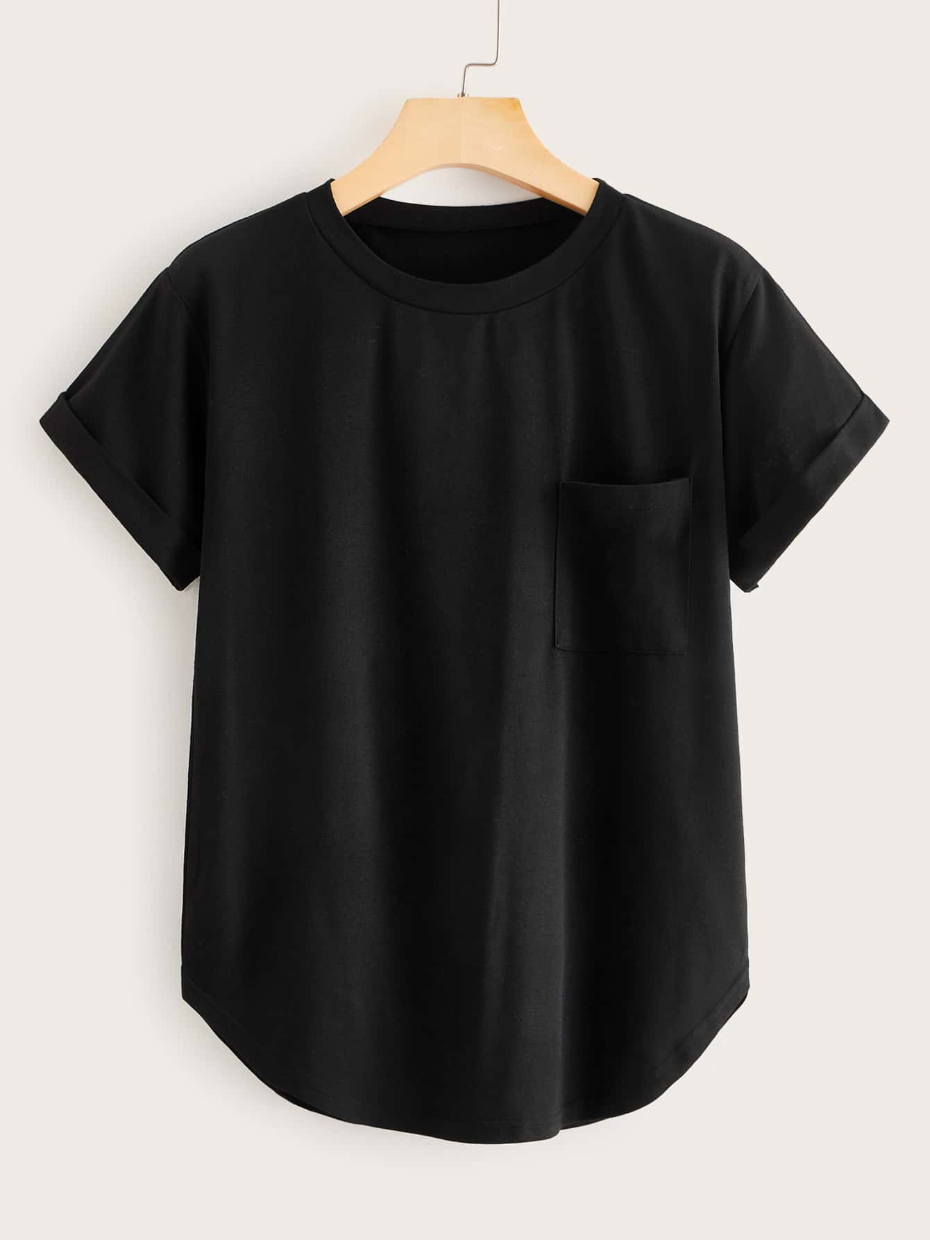 Negro / S Camiseta bajo curvo con diseño de bolsillo