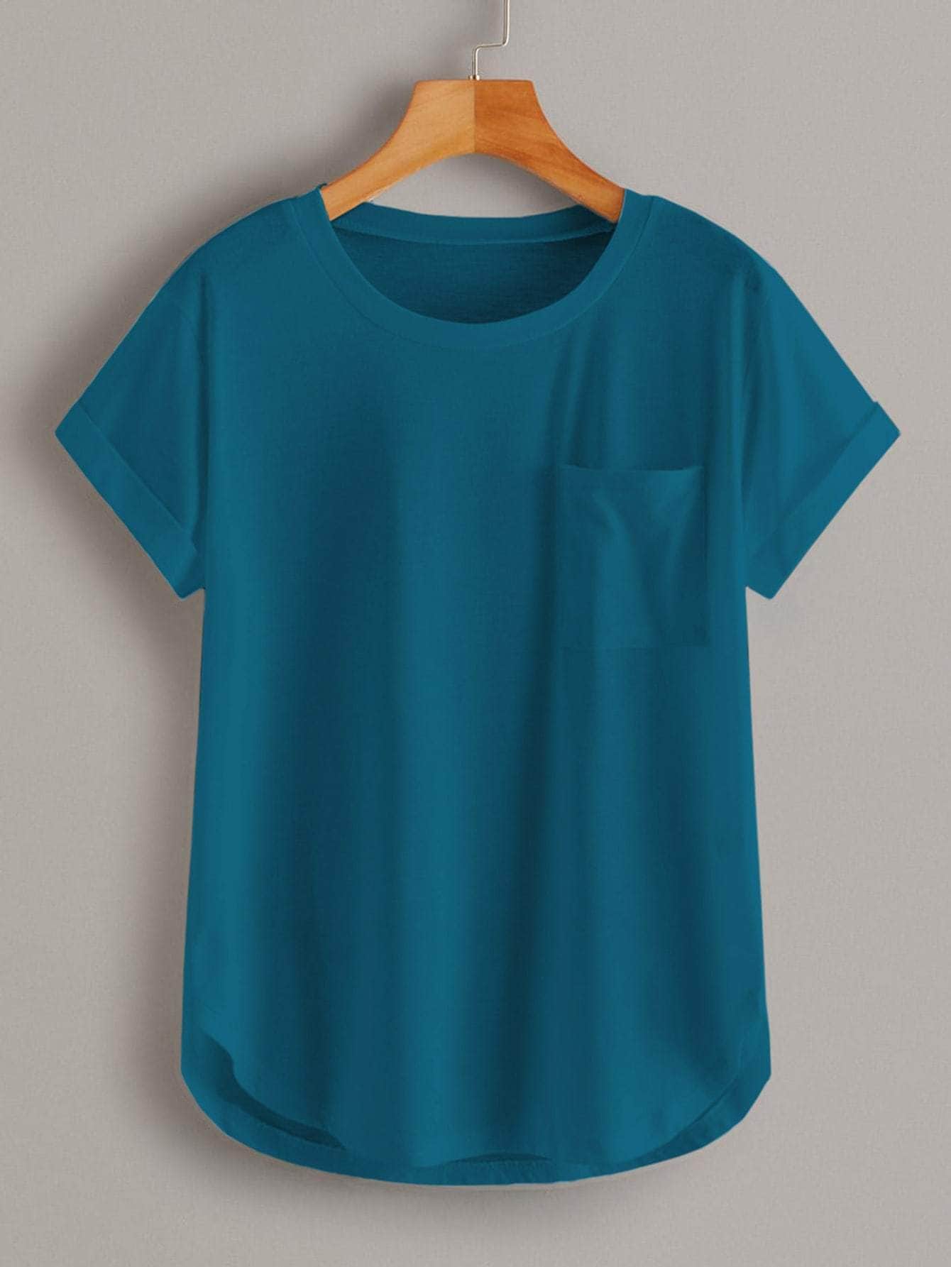 Agua verde azul / S Camiseta bajo curvo con diseño de bolsillo