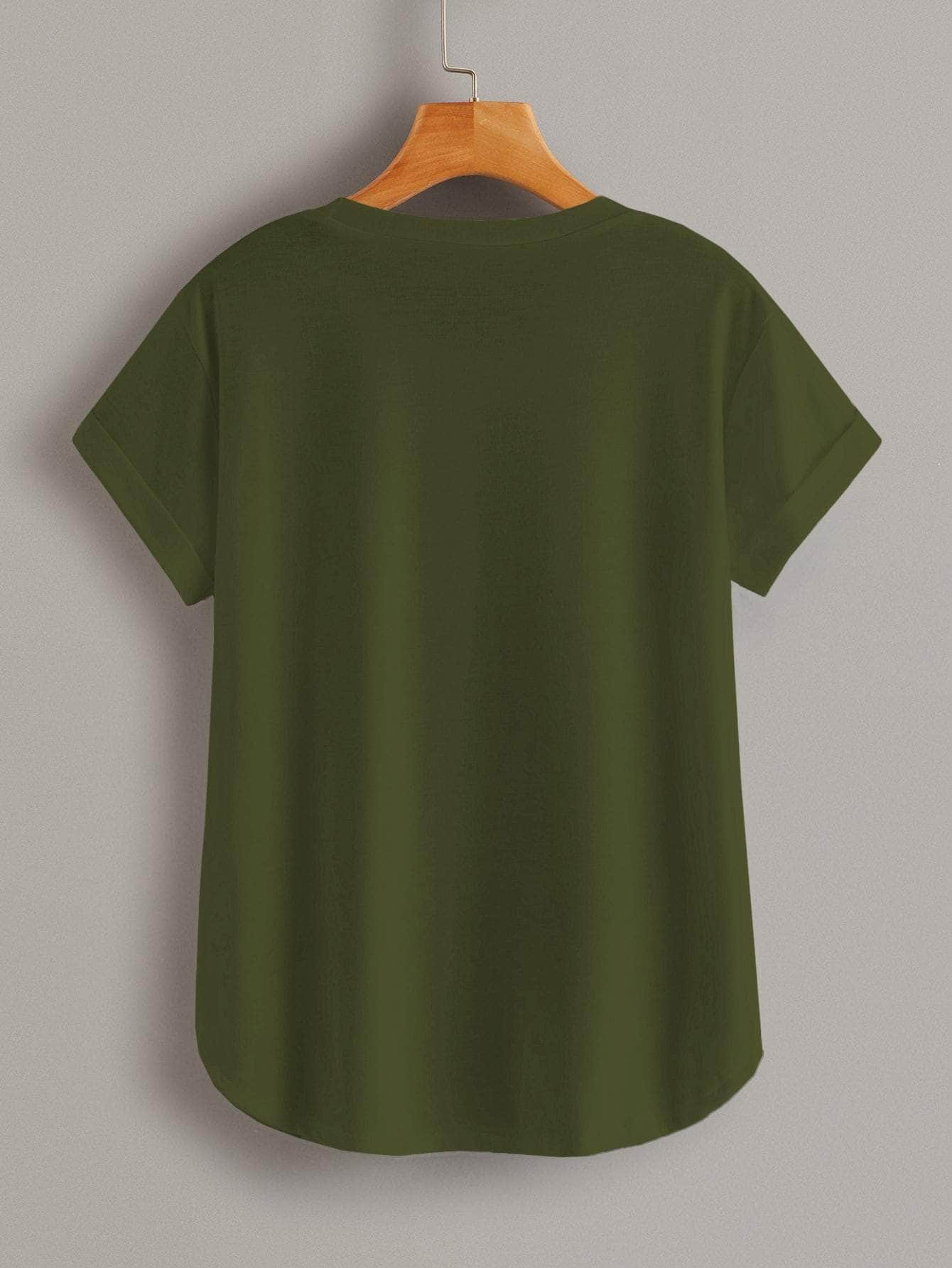 Verde militar / M Camiseta bajo curvo con diseño de bolsillo