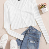 Blanco / XL Camiseta con botón tejida de canalé
