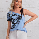 Camiseta con estampado de mariposa de hombro con cordón