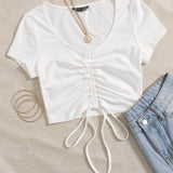 Blanco / XS Camiseta con fruncido con cordón unicolor