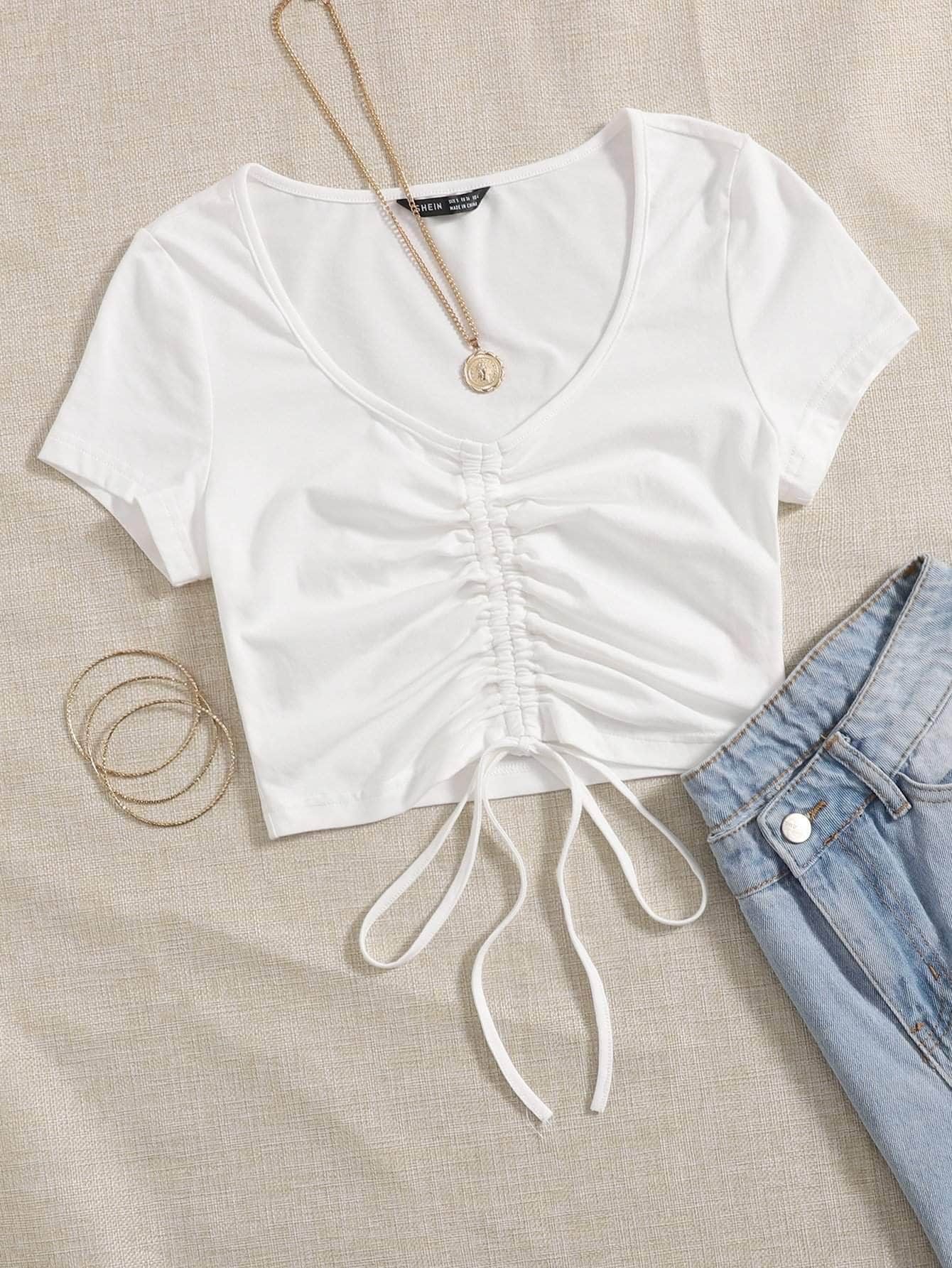 Blanco / XS Camiseta con fruncido con cordón unicolor