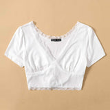 Blanco / M Camiseta corta ribete con encaje