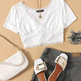 Blanco / XS Camiseta corta ribete con encaje
