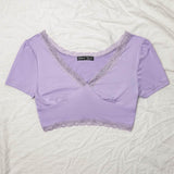 Lila Purpura / L Camiseta corta ribete con encaje