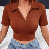 Óxido marrón / S Camiseta corta unicolor tejida de canalé