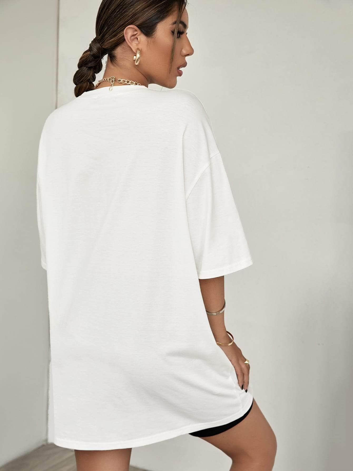 Blanco / M Camiseta de hombros caídos con estampado de letra