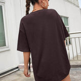 Marron Chocolate / M Camiseta de hombros caídos con estampado de letra