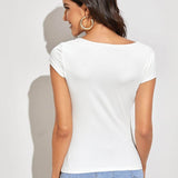 Blanco / S Camiseta delgada unicolor de cuello cuadrado