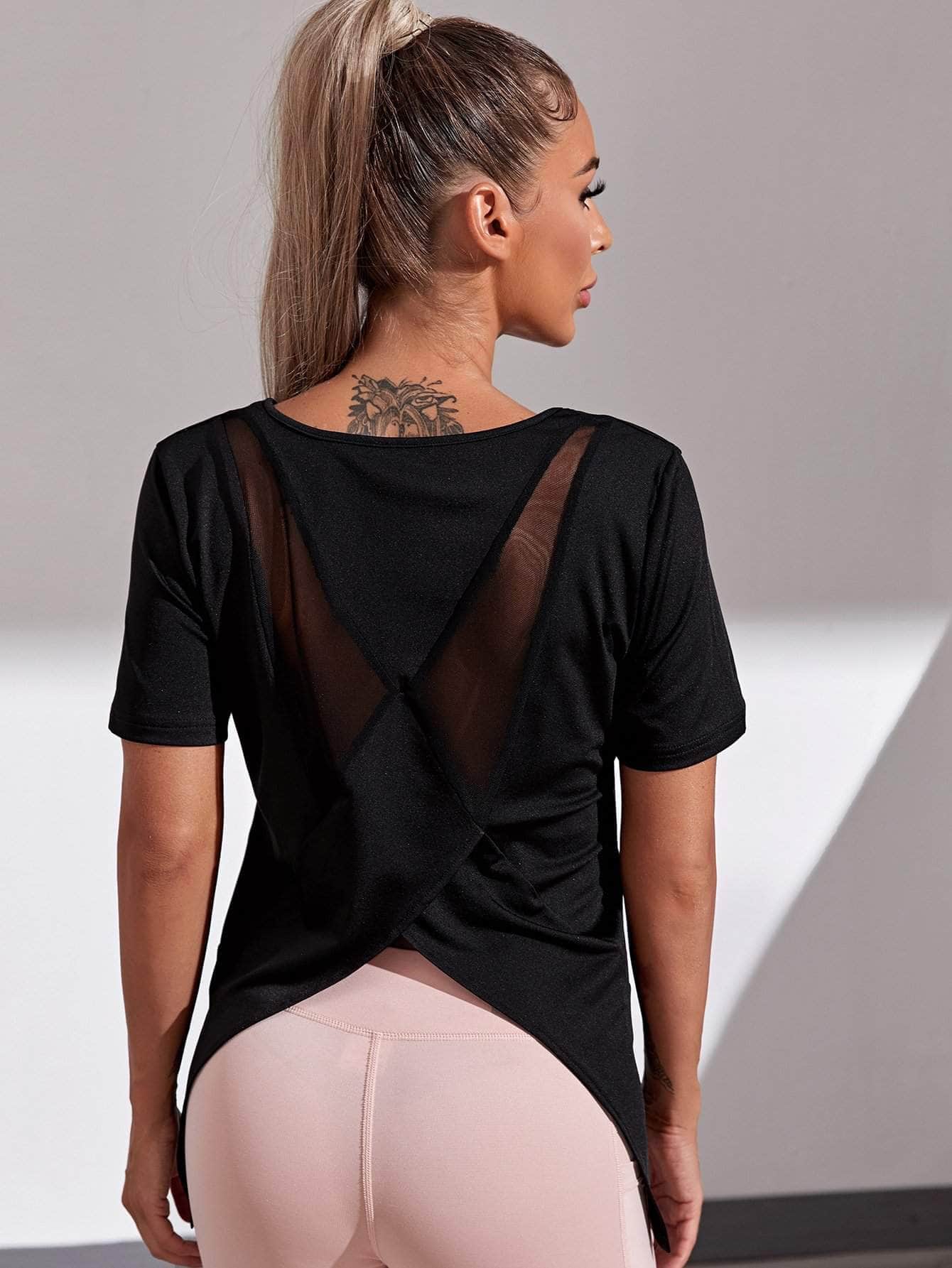 Negro / S Camiseta deportiva con malla en contraste unicolor