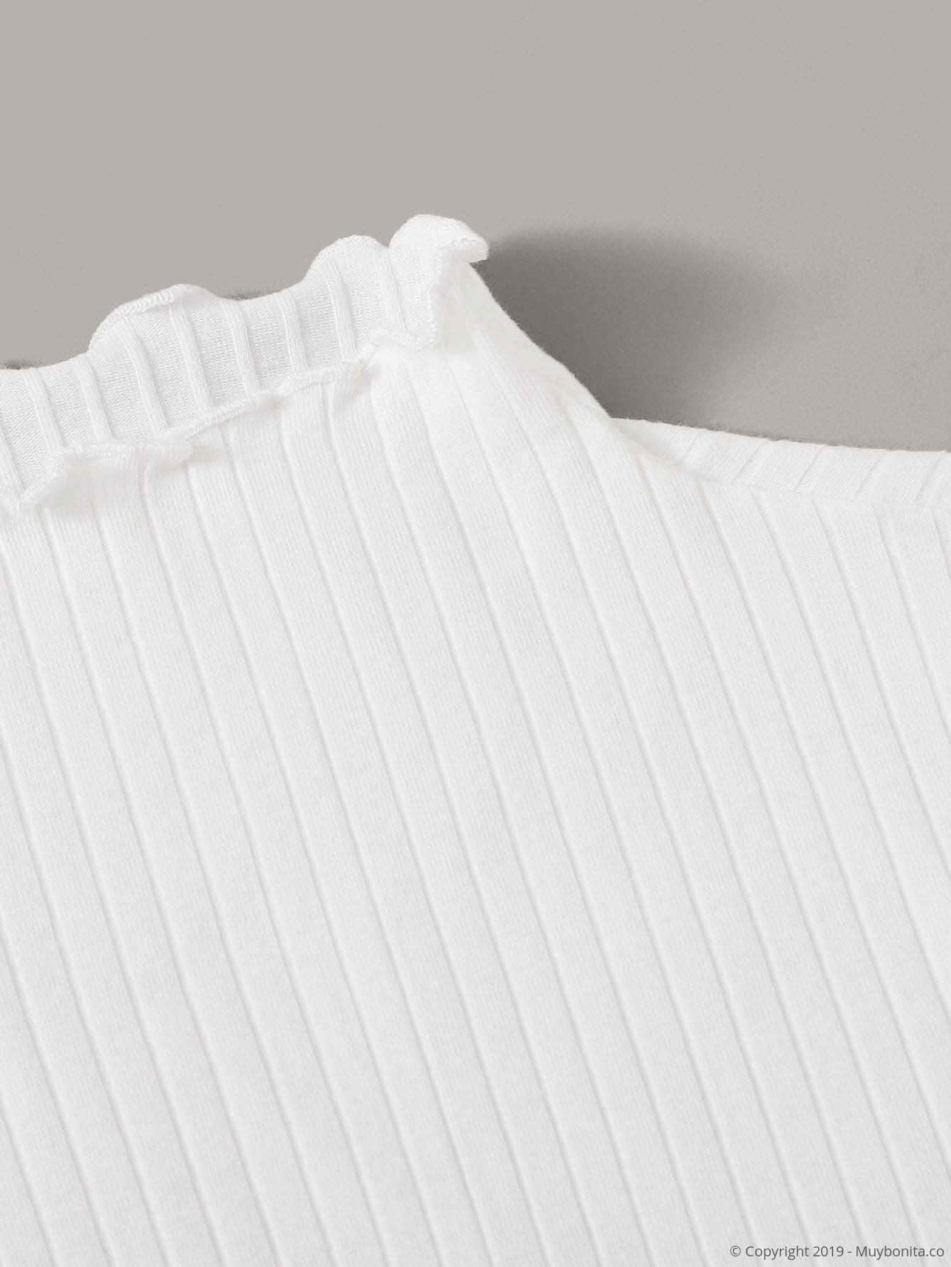 Blanco / L Camiseta tejida de canalé ribete en forma de lechuga