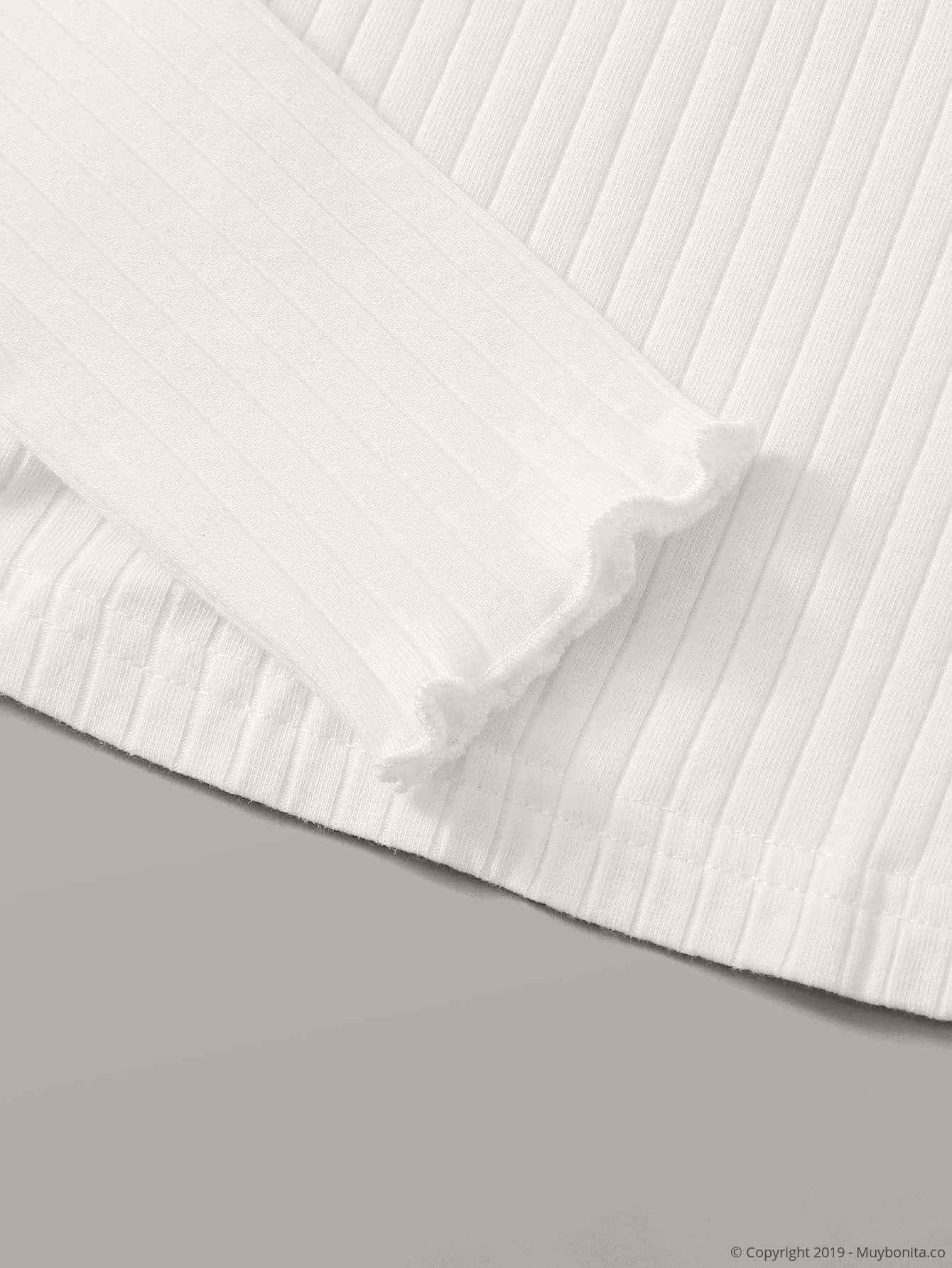 Blanco / XL Camiseta tejida de canalé ribete en forma de lechuga