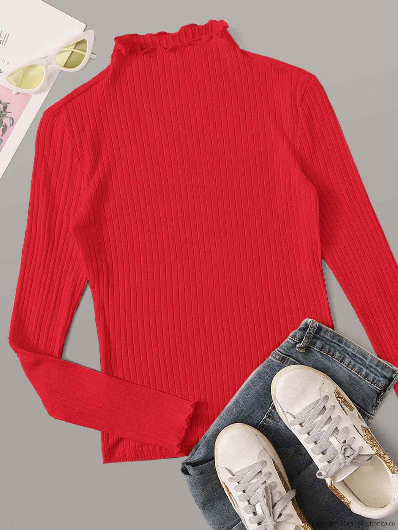 Rojo / L Camiseta tejida de canalé ribete en forma de lechuga