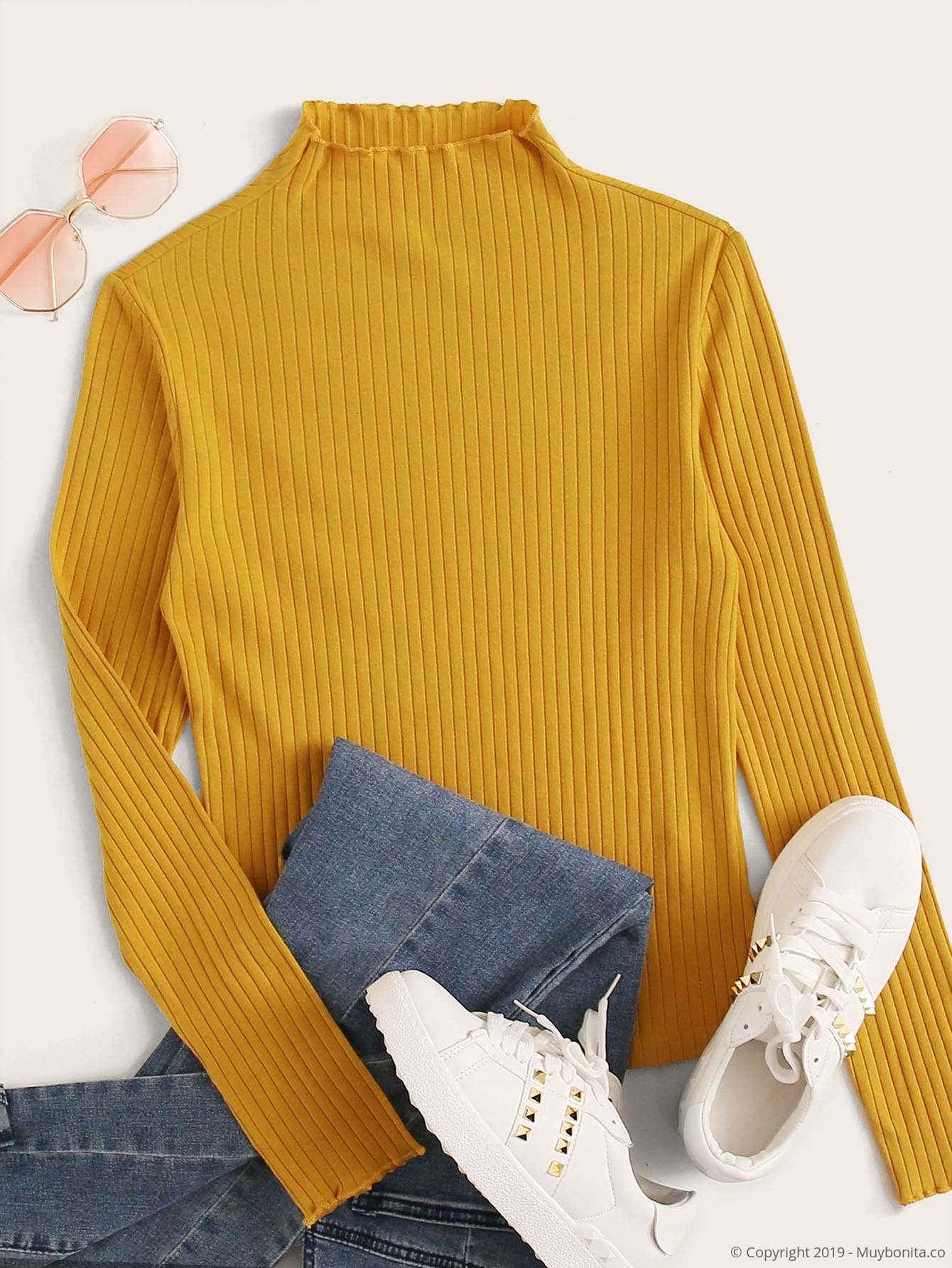Amarillo / L Camiseta tejida de canalé ribete en forma de lechuga