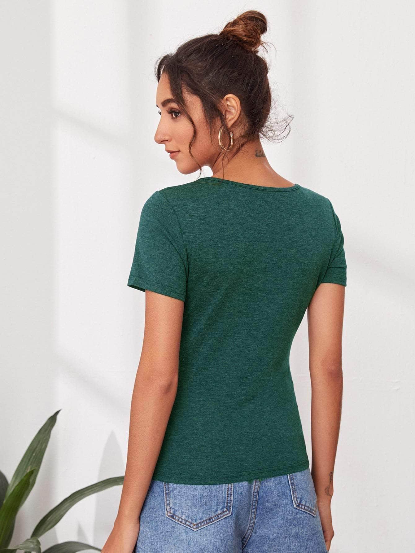 Verde Oscuro / S Camiseta unicolor escote V