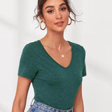 Verde Oscuro / XL Camiseta unicolor escote V