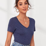 Azul Marino / XL Camiseta unicolor escote V