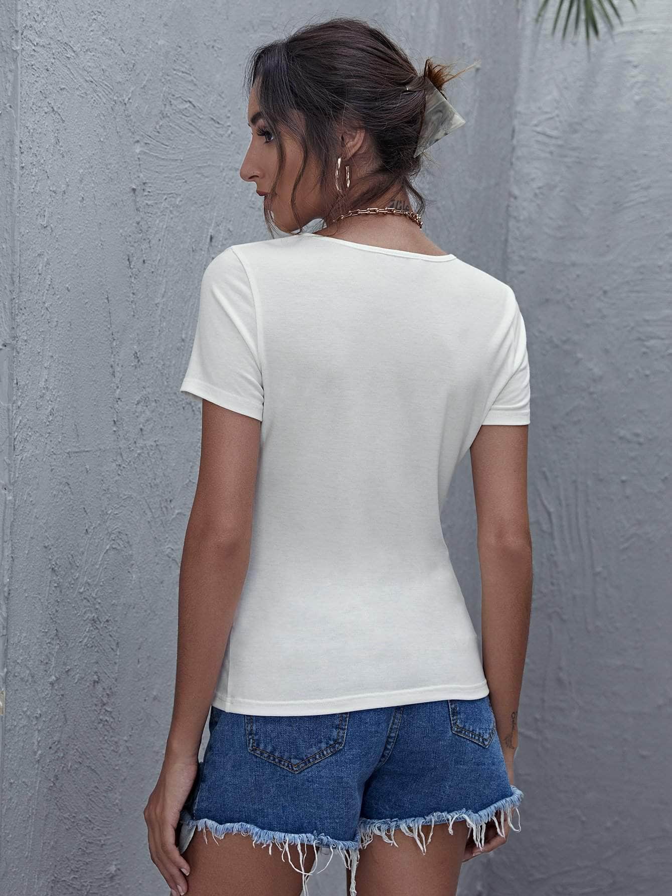 Blanco / S Camiseta unicolor escote V