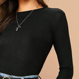 Negro / L Camiseta unicolor tejida de canalé de cuello redondo