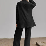 Negro / S Conjunto camisa larga bajo con abertura con pantalones de pierna ancha