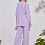 Lila Purpura / S Conjunto camisa larga bajo con abertura con pantalones de pierna ancha