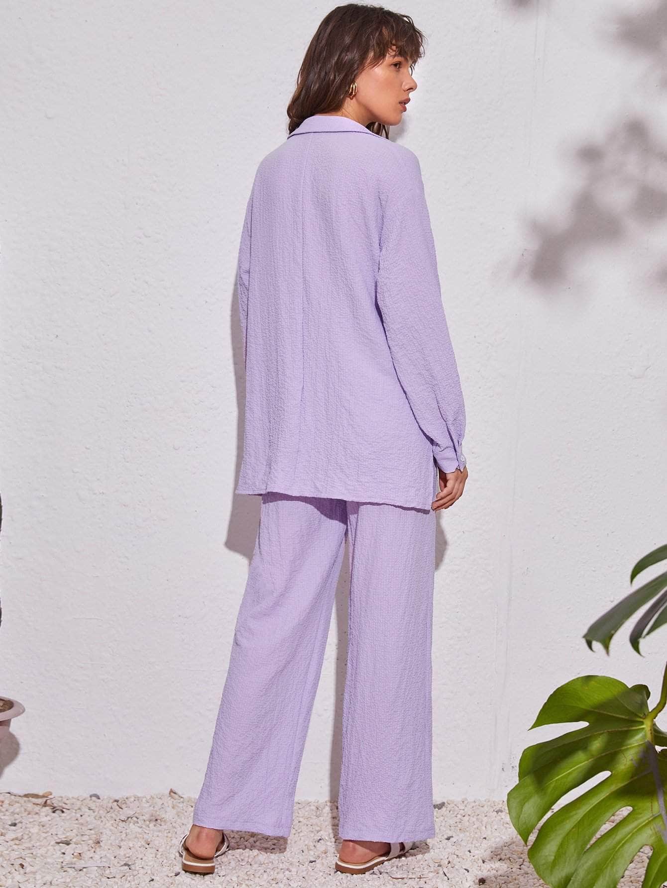 Lila Purpura / S Conjunto camisa larga bajo con abertura con pantalones de pierna ancha