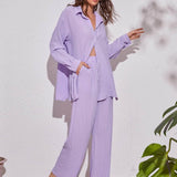 Lila Purpura / M Conjunto camisa larga bajo con abertura con pantalones de pierna ancha