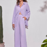 Lila Purpura / L Conjunto camisa larga bajo con abertura con pantalones de pierna ancha
