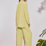 Amarillo / S Conjunto camisa larga bajo con abertura con pantalones de pierna ancha