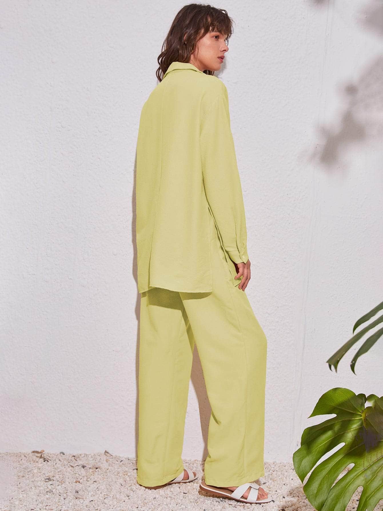 Amarillo / S Conjunto camisa larga bajo con abertura con pantalones de pierna ancha