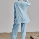 Neblina azul / S Conjunto camisa larga bajo con abertura con pantalones de pierna ancha