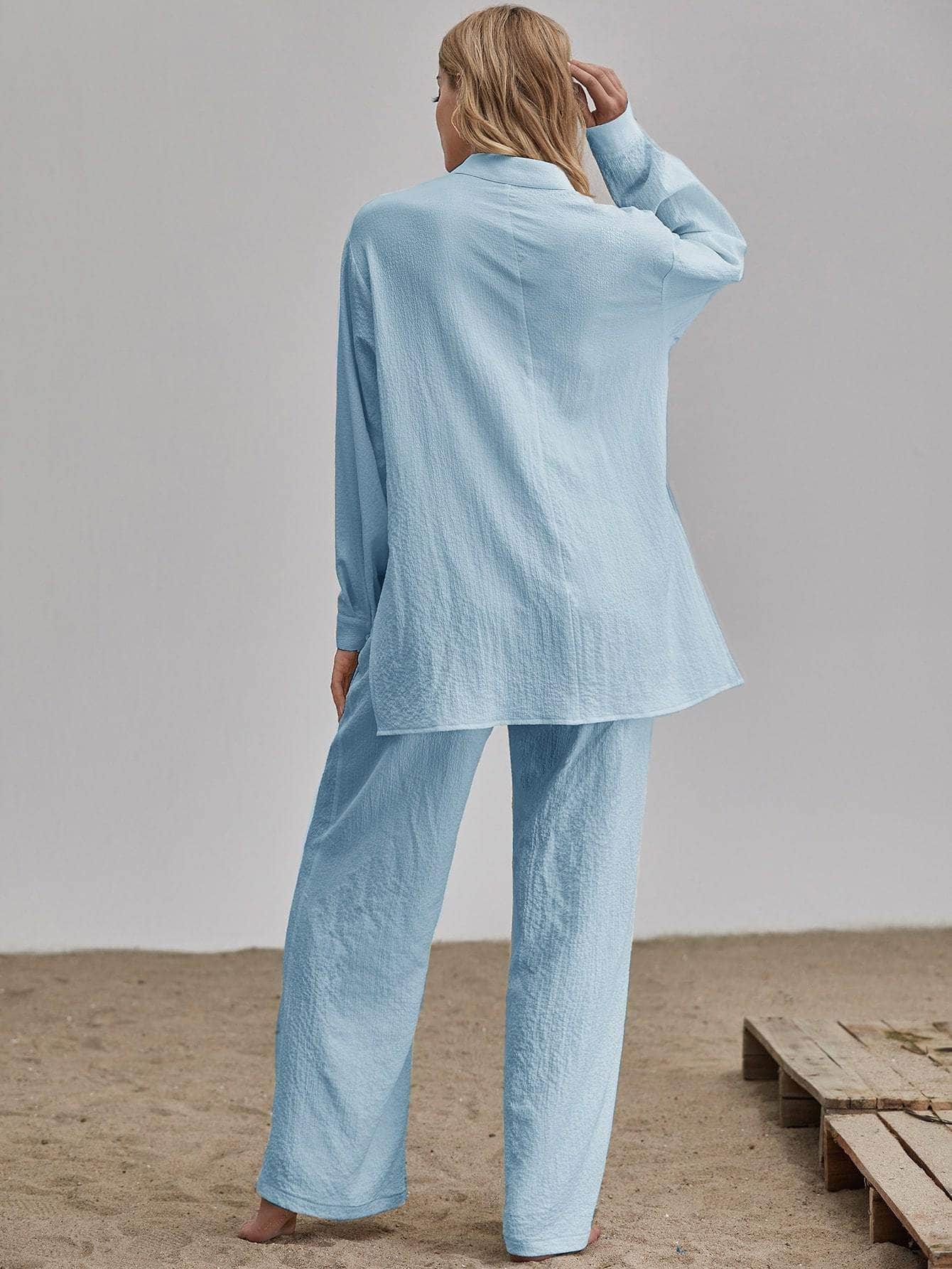 Neblina azul / S Conjunto camisa larga bajo con abertura con pantalones de pierna ancha