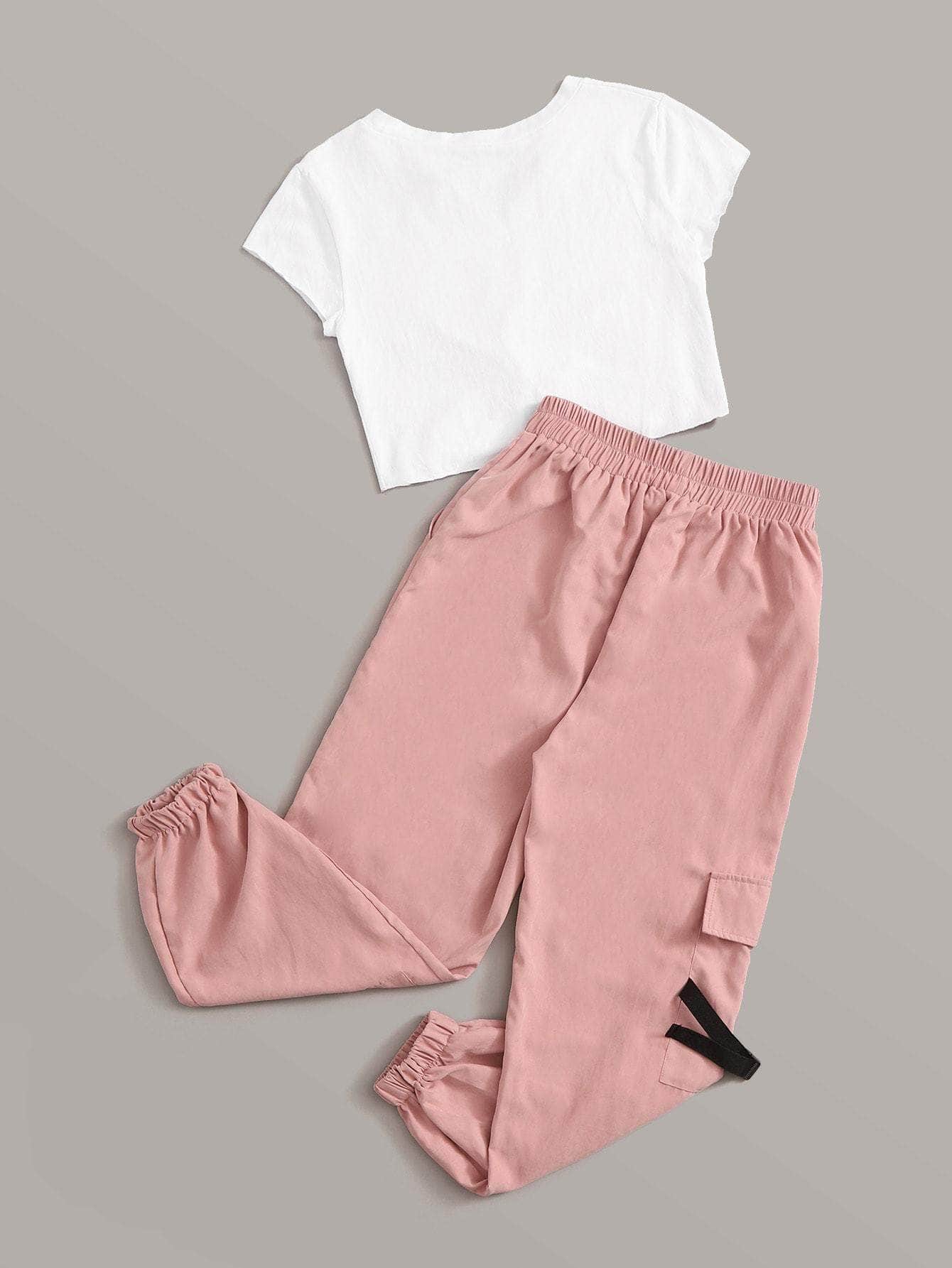 Multicolor / L Conjunto camiseta con nudo delantero con estampado de letra con pantalones cargo