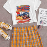 Multicolor / XS Conjunto camiseta corta con estampado de dibujo con falda de tartán con abertura M
