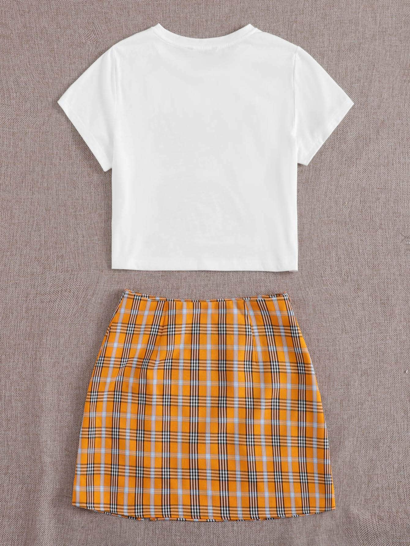 Multicolor / S Conjunto camiseta corta con estampado de dibujo con falda de tartán con abertura M