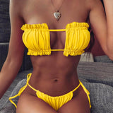 Amarillo / S Conjunto de bikini con cordón lateral brasier sin tirantes fruncido