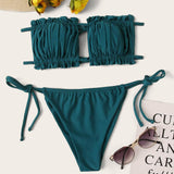 Verde / S Conjunto de bikini con cordón lateral brasier sin tirantes fruncido