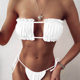 Blanco / S Conjunto de bikini con cordón lateral brasier sin tirantes fruncido