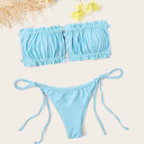 Azul bebe / XL Conjunto de bikini con cordón lateral brasier sin tirantes fruncido