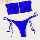 Azul 4 / M Conjunto de bikini con cordón lateral brasier sin tirantes fruncido
