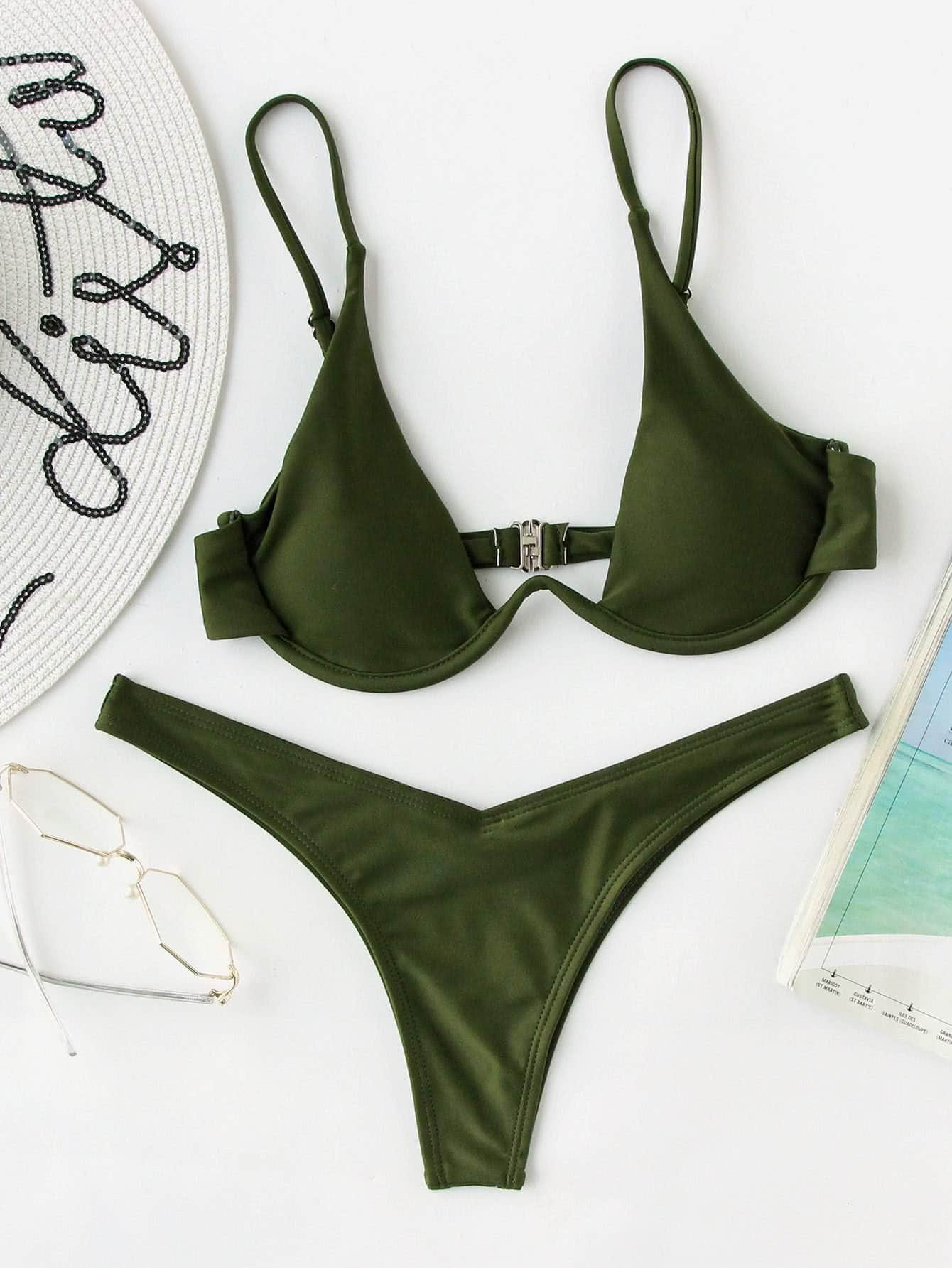 Verde militar / M Conjunto de bikini cortado alto top con aro