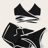 Negro / L Conjunto de bikini halter cruzado con tubería en contraste con shorts 3 paquetes