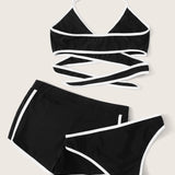 Negro / M Conjunto de bikini halter cruzado con tubería en contraste con shorts 3 paquetes