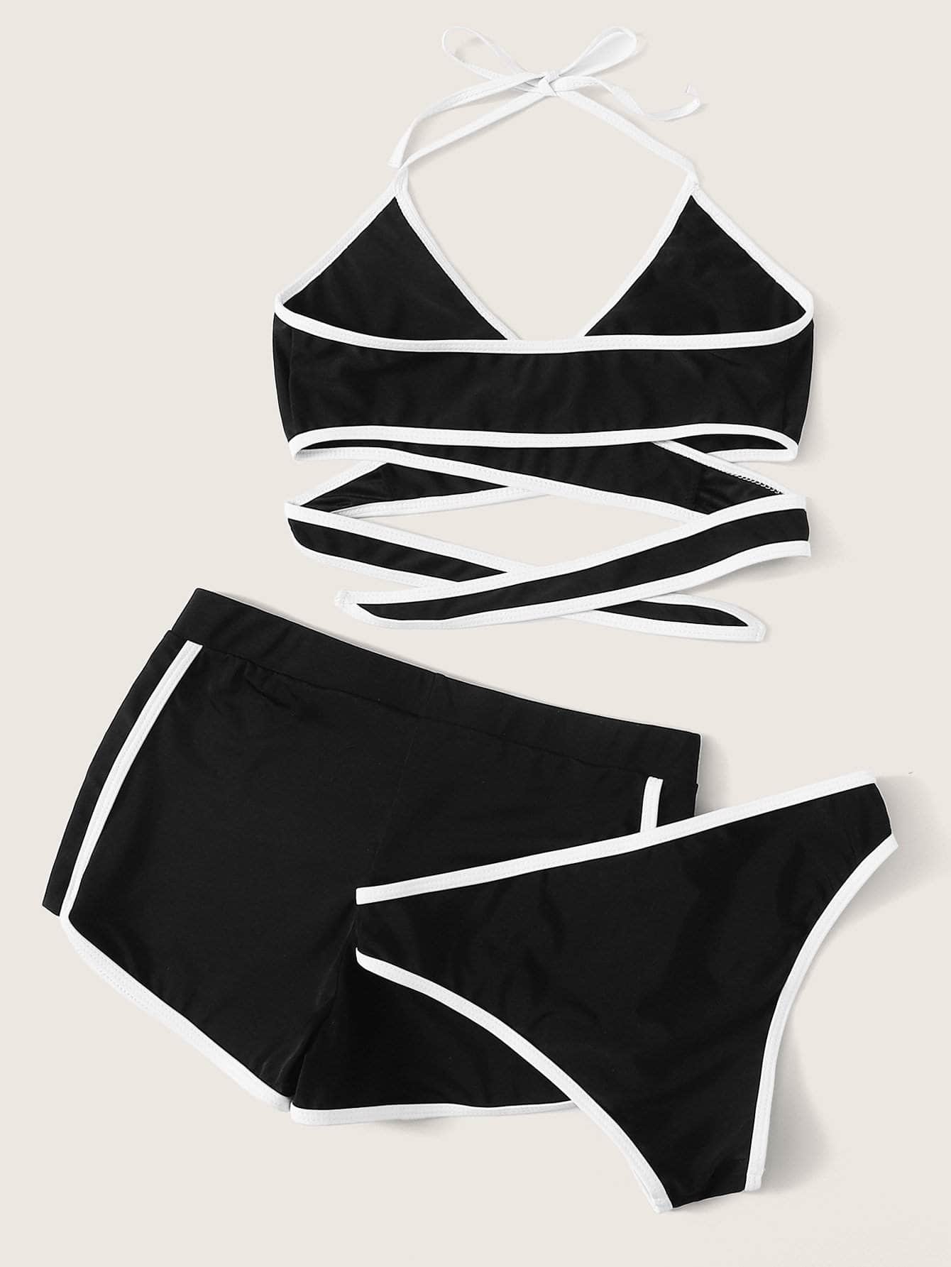 Negro / M Conjunto de bikini halter cruzado con tubería en contraste con shorts 3 paquetes